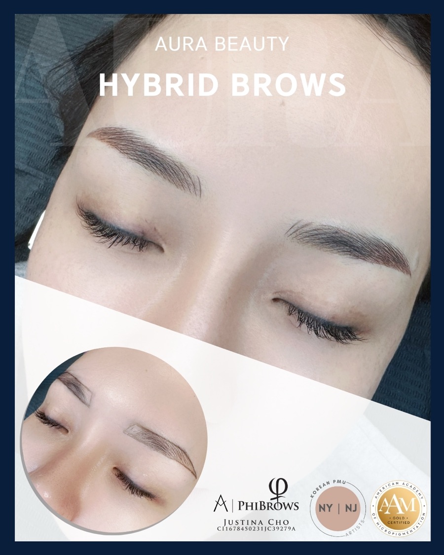 Hybrid brows by Aura Beauty: hair-stroke front blending into soft ombre shading.