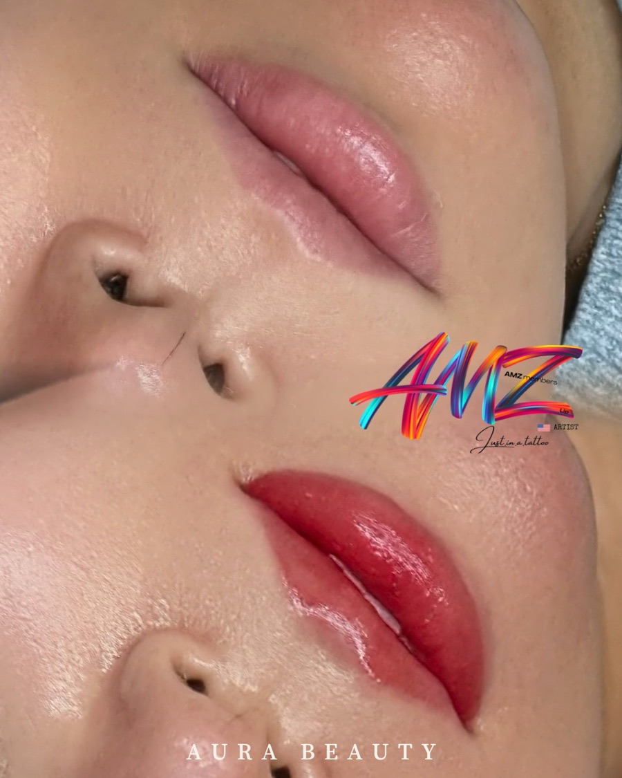 Lip blush before and after: natural healed top, coral red glossy finish below.