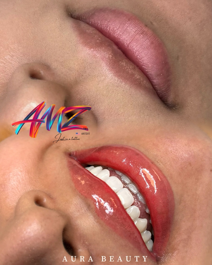 Lip blush before and after with a smile reveal: warm rose tone, fuller-looking lips.