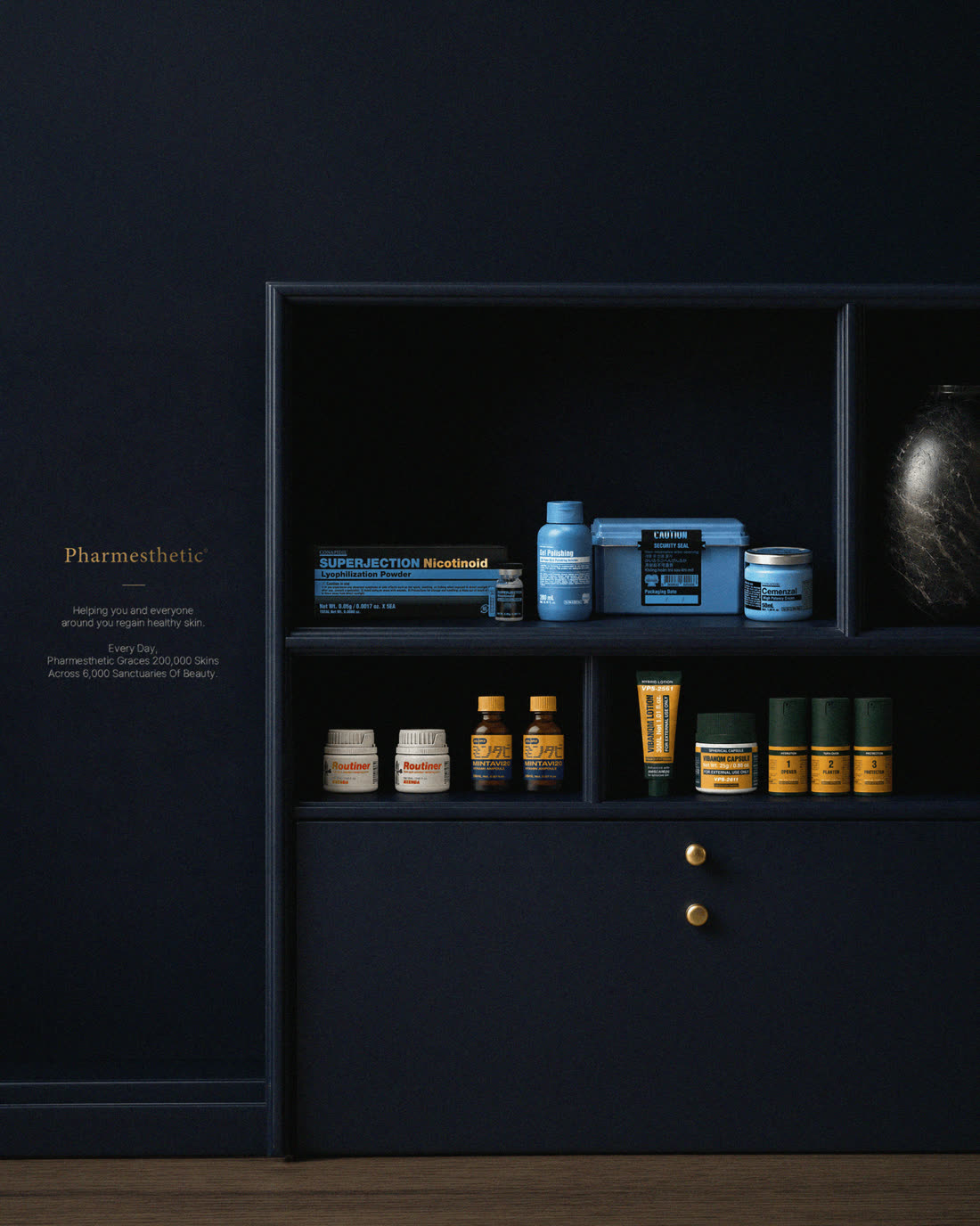 The Pharmesthetic product line arranged in a dark navy display cabinet